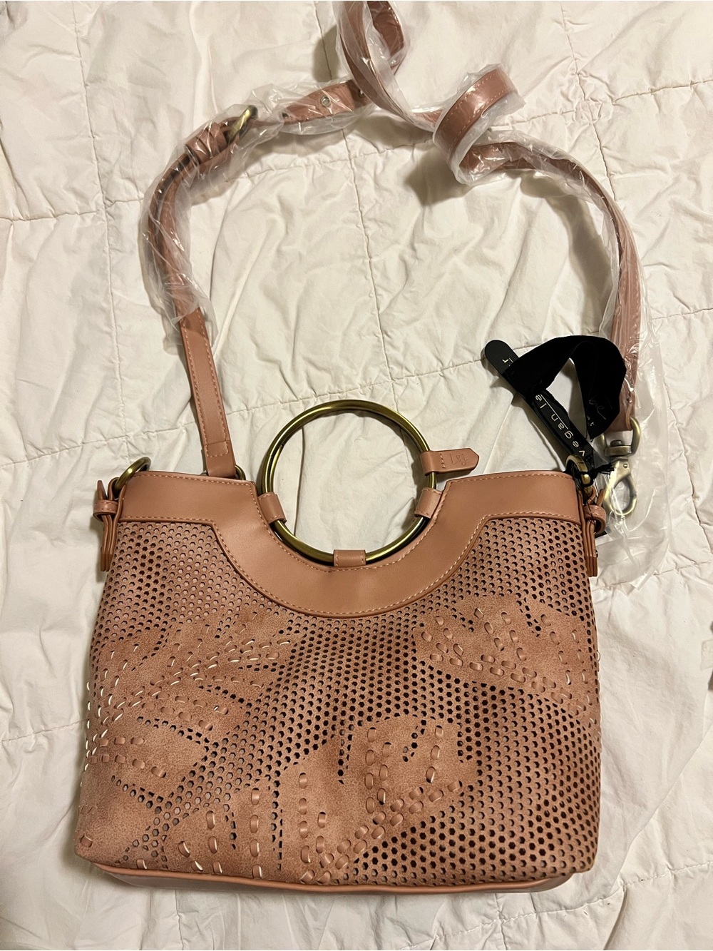 Perforated Blush Pink Suede Crossbody/Handbag with Gold Ring Handle